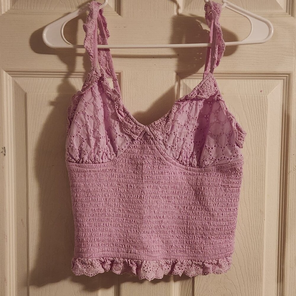 Pink Eyelet Lace Smocked Cami Crop Top